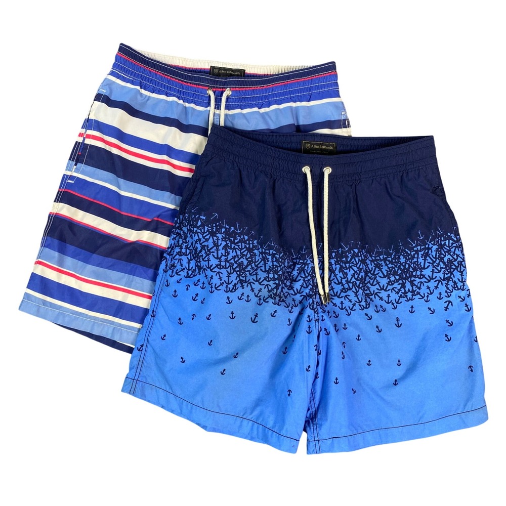 Allen Edmonds Mens Swim Trunks M Blue Anchor Stripe Board Shorts Bundle 2pk